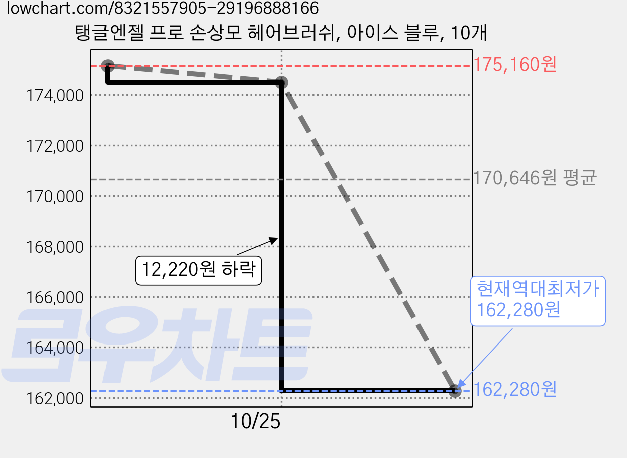 탱글엔젤 프로 손상모 헤어브러쉬, 아이스 블루, 10개 가격 변동 차트, 현재가 162,280원, 역대최저가