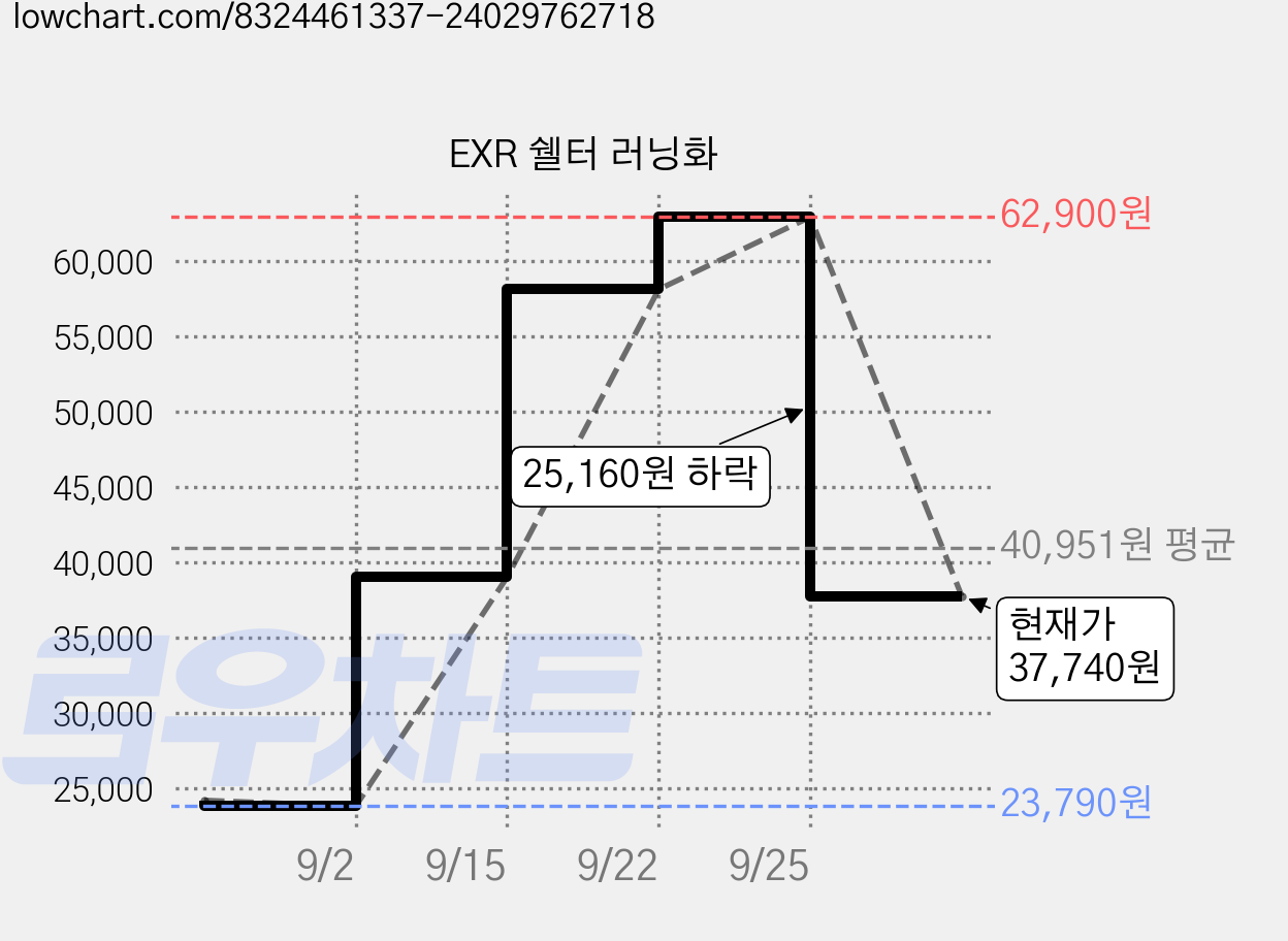 EXR 쉘터 러닝화 가격 변동 차트, 현재가 37,740원, 관측 최저가 23,790원