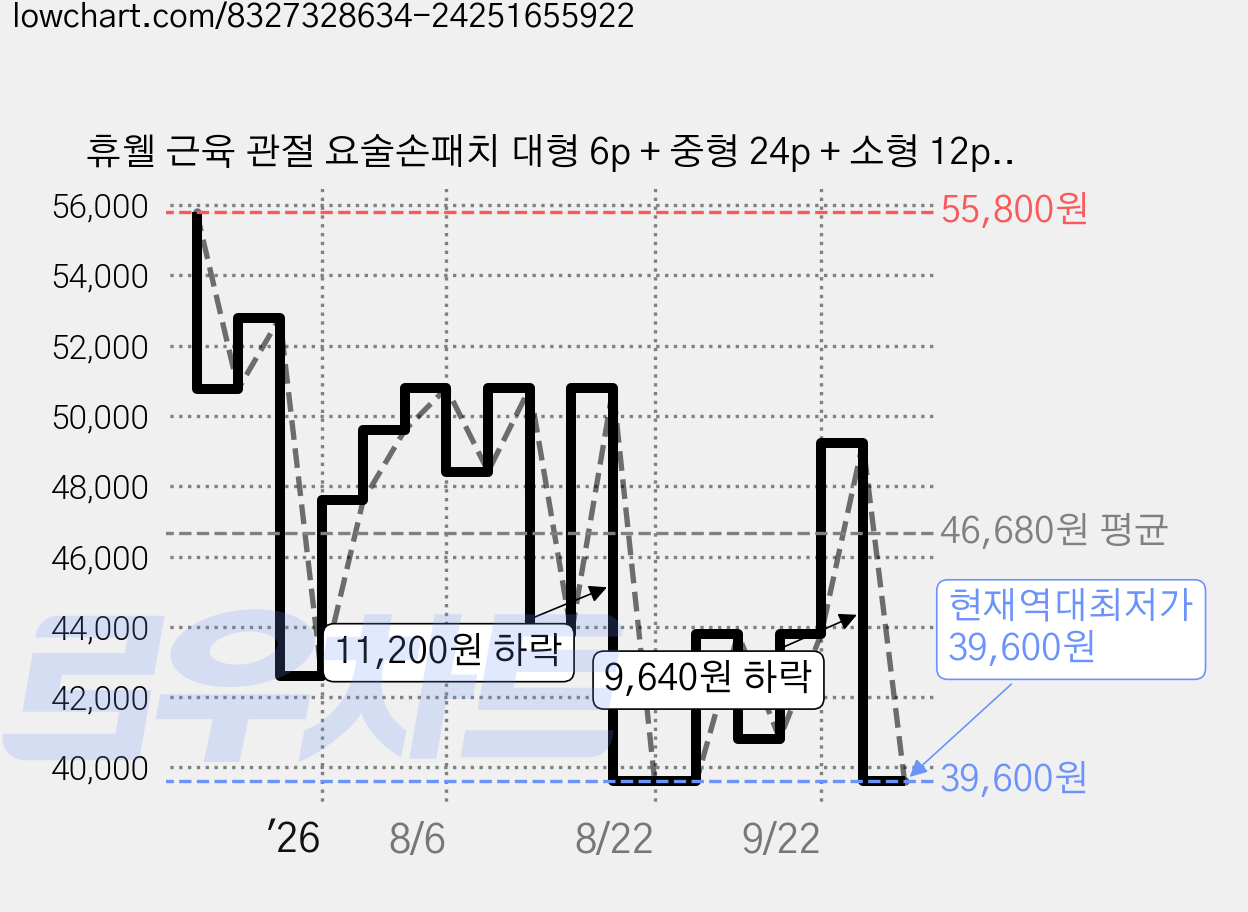 휴웰 근육 관절 요술손패치 대형 6p + 중형 24p + 소형 12p 세트, 4세트 가격 변동 차트, 현재가 39,600원, 역대최저가