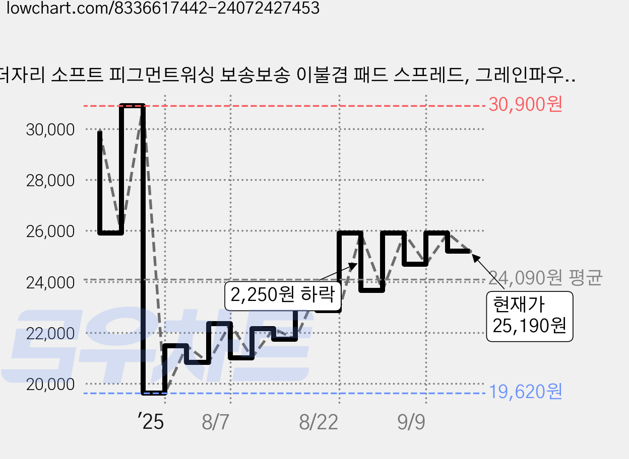 더자리 소프트 피그먼트워싱 보송보송 이불겸 패드 스프레드, 그레인파우더 가격 변동 차트, 현재가 25,190원, 관측 최저가 19,620원