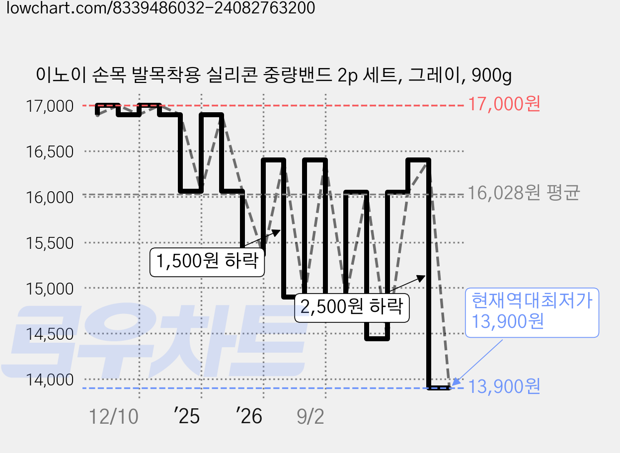 이노이 손목 발목착용 실리콘 중량밴드 2p 세트, 그레이, 900g 가격 변동 차트, 현재가 13,900원, 역대최저가