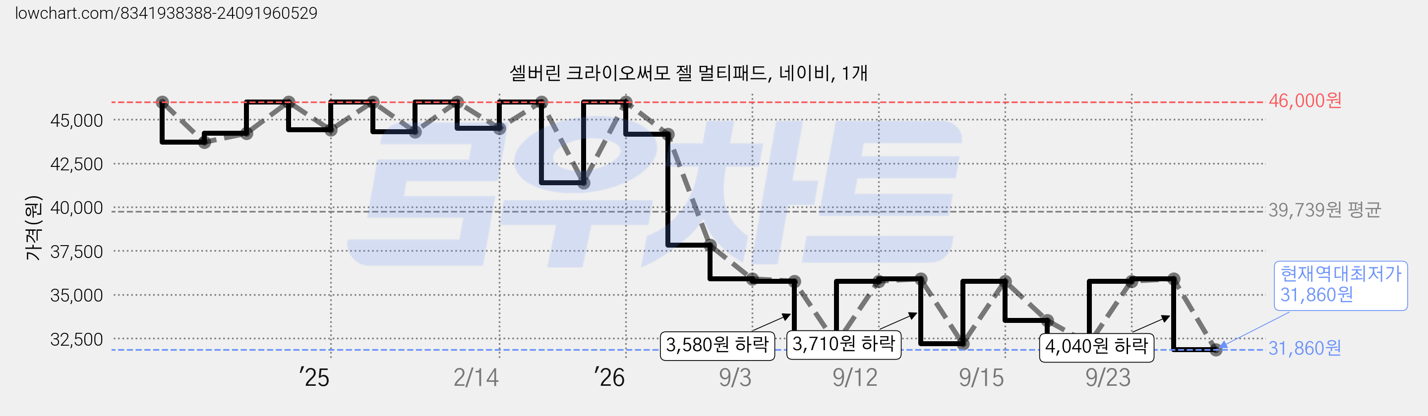 셀버린 크라이오써모 젤 멀티패드, 네이비, 1개 가격 변동 차트, 현재가 31,860원, 역대최저가