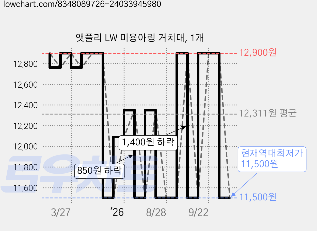 앳플리 LW 미용아령 거치대, 1개 가격 변동 차트, 현재가 11,500원, 역대최저가