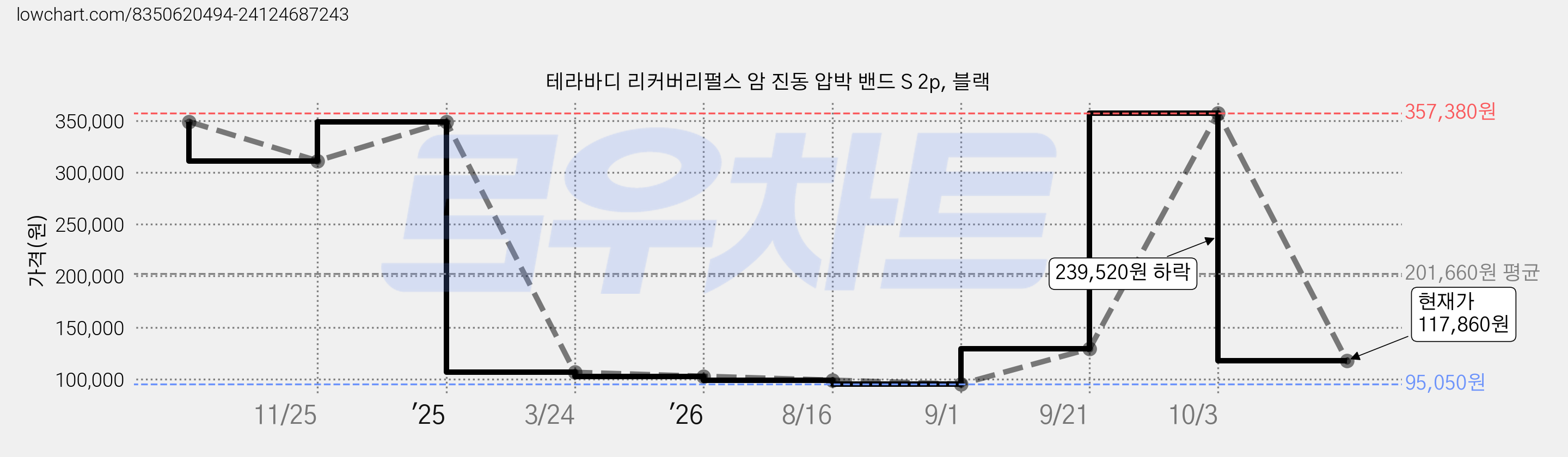테라바디 리커버리펄스 암 진동 압박 밴드 S 2p, 블랙 가격 변동 차트, 현재가 117,860원, 관측 최저가 95,050원