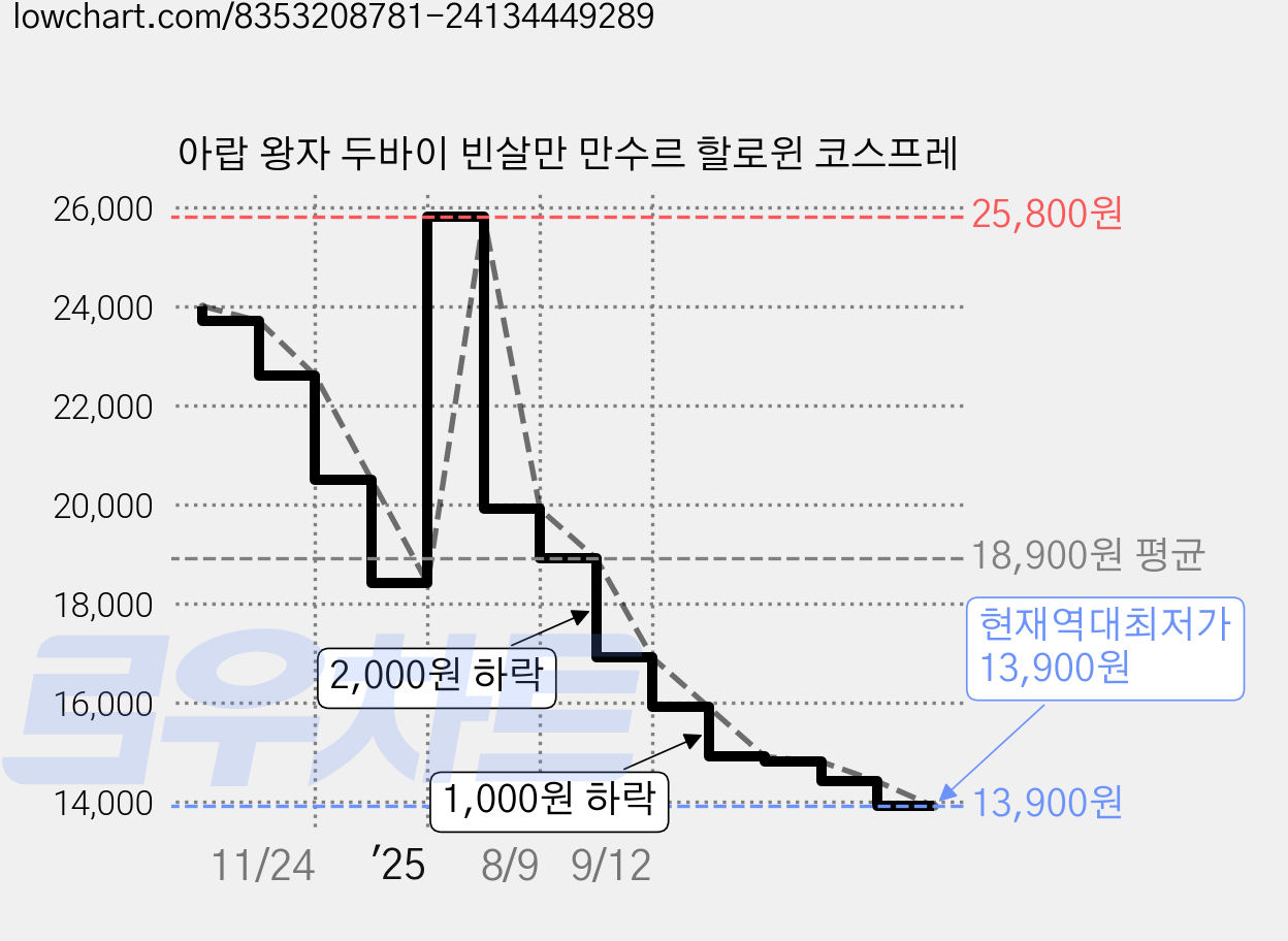 아랍 왕자 두바이 빈살만 만수르 할로윈 코스프레 가격 변동 차트, 현재가 13,900원, 역대최저가