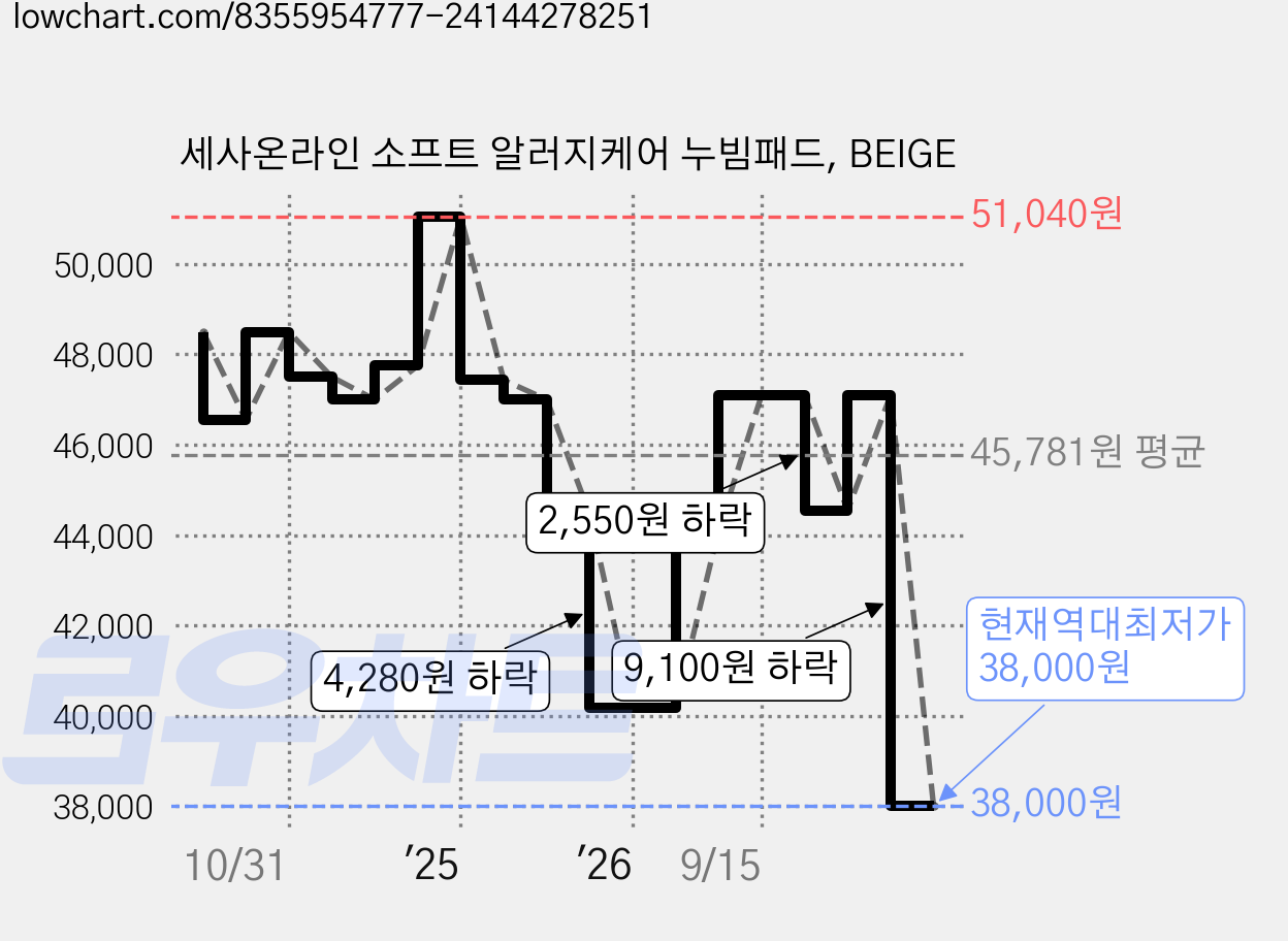 세사온라인 소프트 알러지케어 누빔패드, BEIGE 가격 변동 차트, 현재가 38,000원, 역대최저가