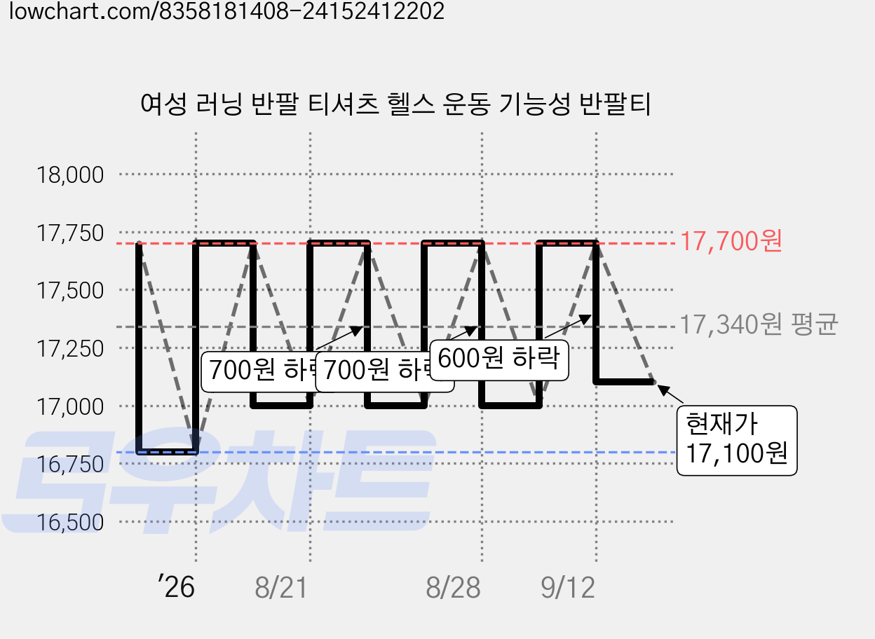 여성 러닝 반팔 티셔츠 헬스 운동 기능성 반팔티 가격 변동 차트, 현재가 17,100원, 관측 최저가 16,800원