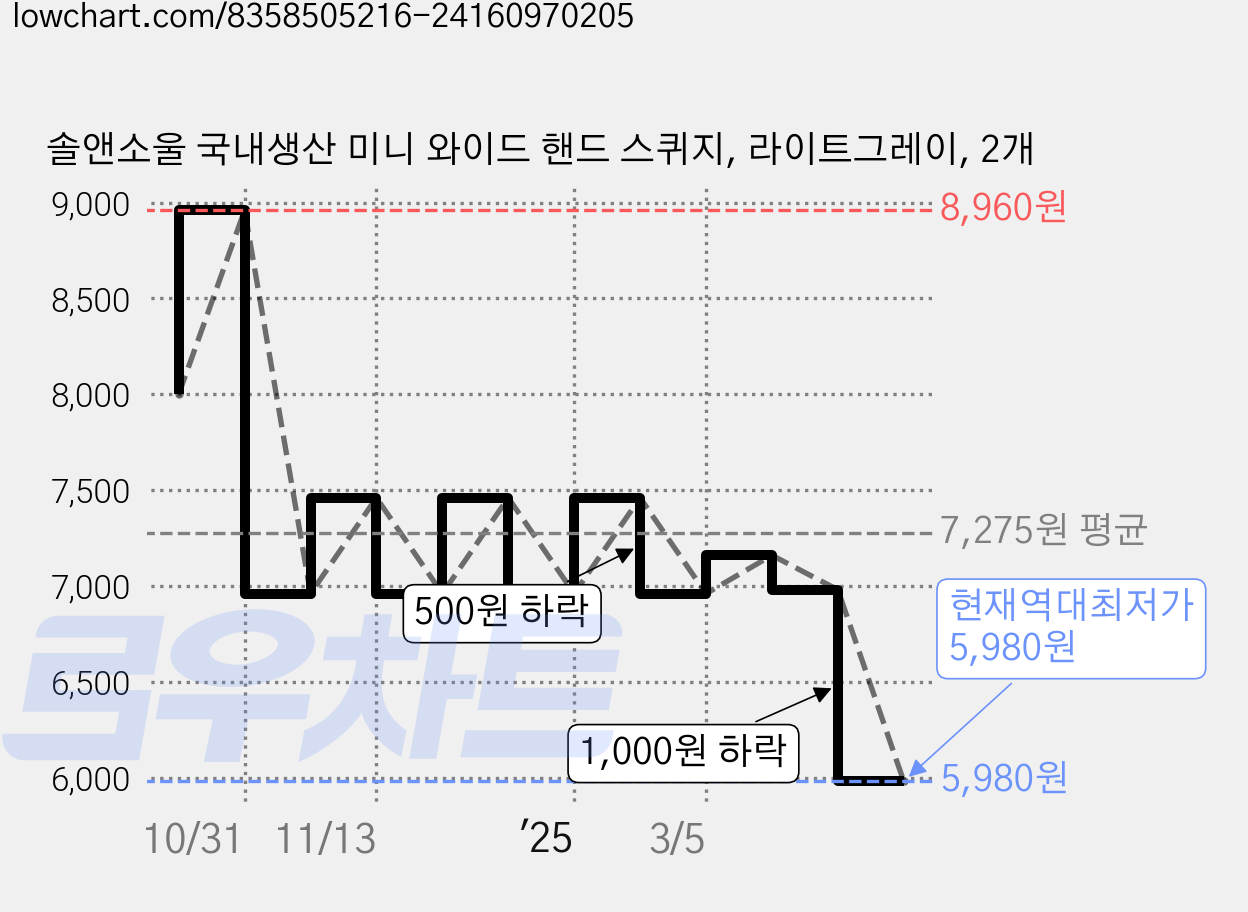 솔앤소울 국내생산 미니 와이드 핸드 스퀴지, 라이트그레이, 2개 가격 변동 차트, 현재가 5,980원, 역대최저가