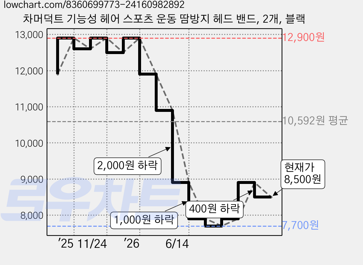 차머덕트 기능성 헤어 스포츠 운동 땀방지 헤드 밴드, 2개, 블랙 가격 변동 차트, 현재가 8,500원, 관측 최저가 7,700원