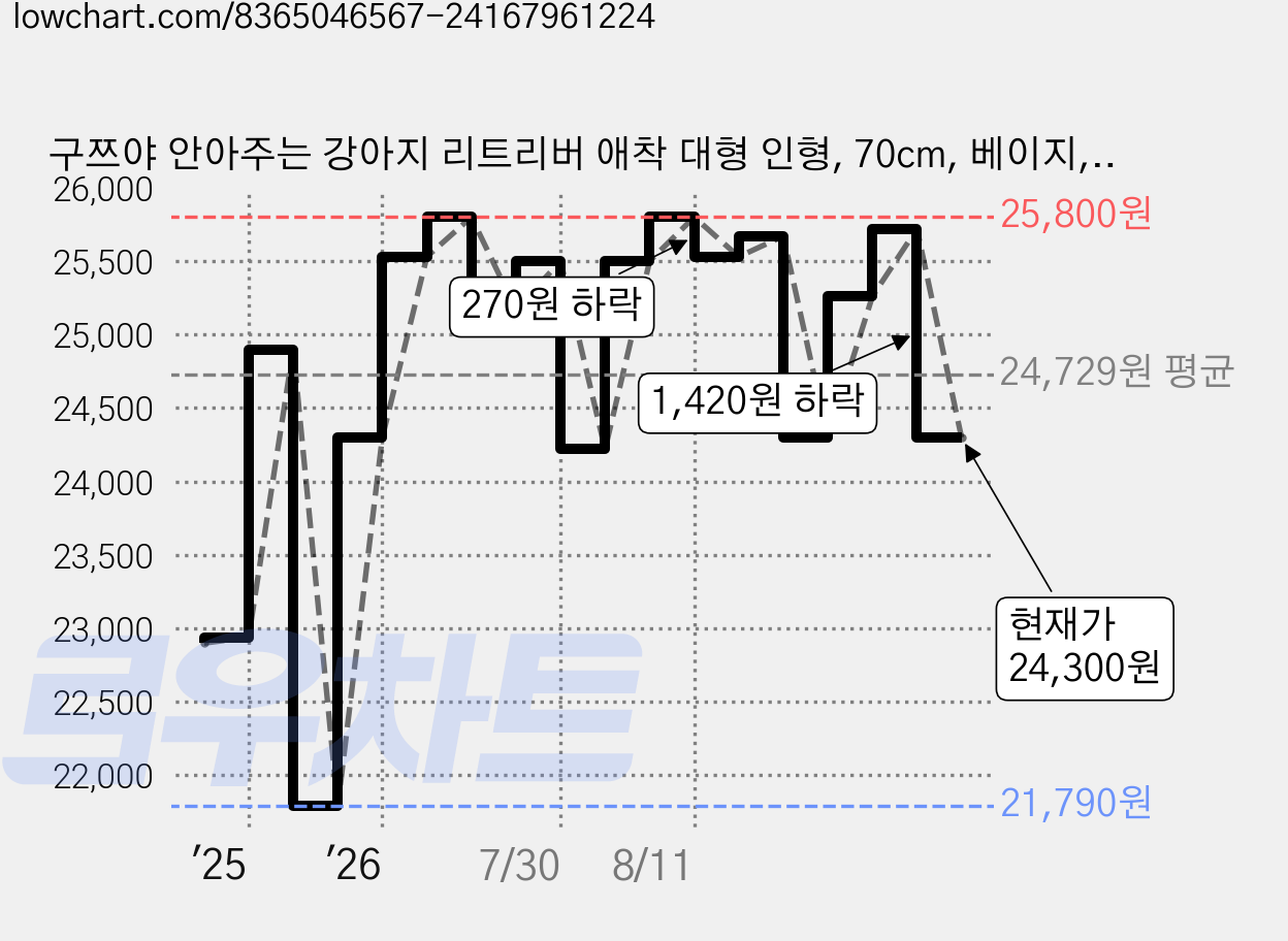 구쯔야 안아주는 강아지 리트리버 애착 대형 인형, 70cm, 베이지, 1개 가격 변동 차트, 현재가 24,300원, 관측 최저가 21,790원