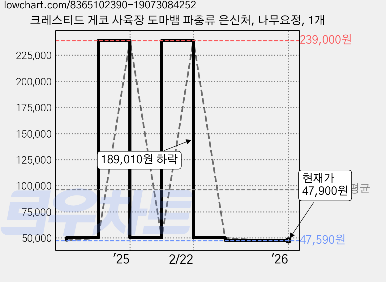 크레스티드 게코 사육장 도마뱀 파충류 은신처, 나무요정, 1개 가격 변동 차트, 현재가 47,900원, 관측 최저가 47,590원