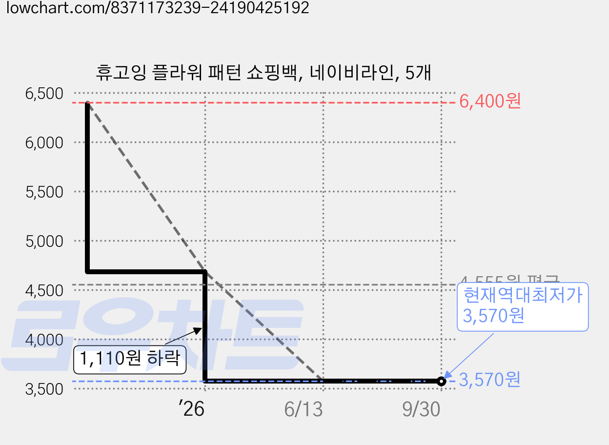 휴고잉 플라워 패턴 쇼핑백, 네이비라인, 5개 가격 변동 차트, 현재가 3,570원, 역대최저가