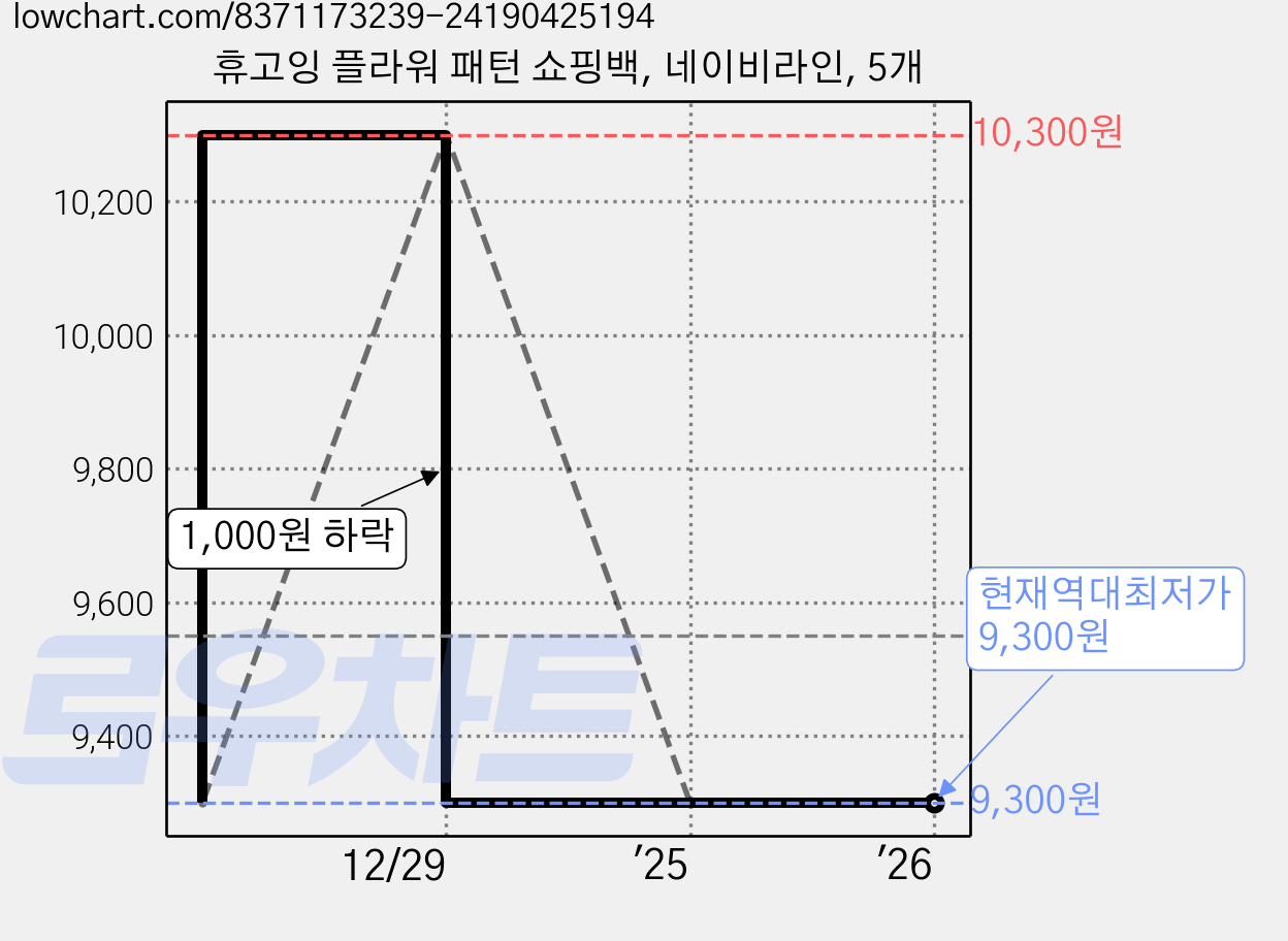 휴고잉 플라워 패턴 쇼핑백, 네이비라인, 5개 가격 변동 차트, 현재가 9,300원, 역대최저가