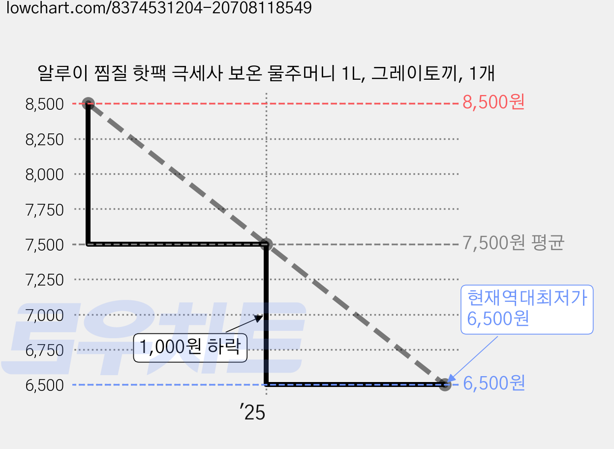 알루이 찜질 핫팩 극세사 보온 물주머니 1L, 그레이토끼, 1개 가격 변동 차트, 현재가 6,500원, 역대최저가