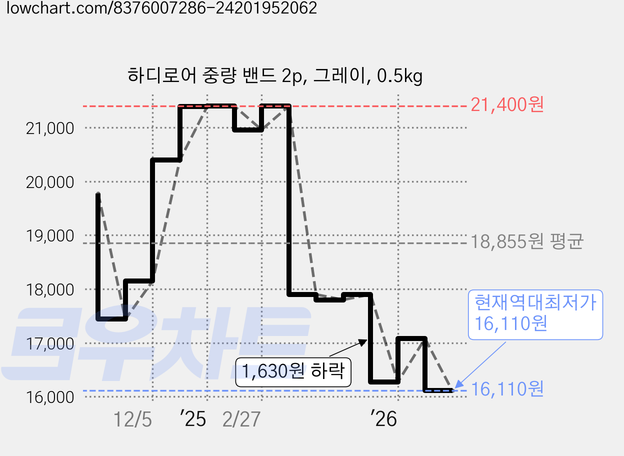 하디로어 중량 밴드 2p, 그레이, 0.5kg 가격 변동 차트, 현재가 16,110원, 역대최저가