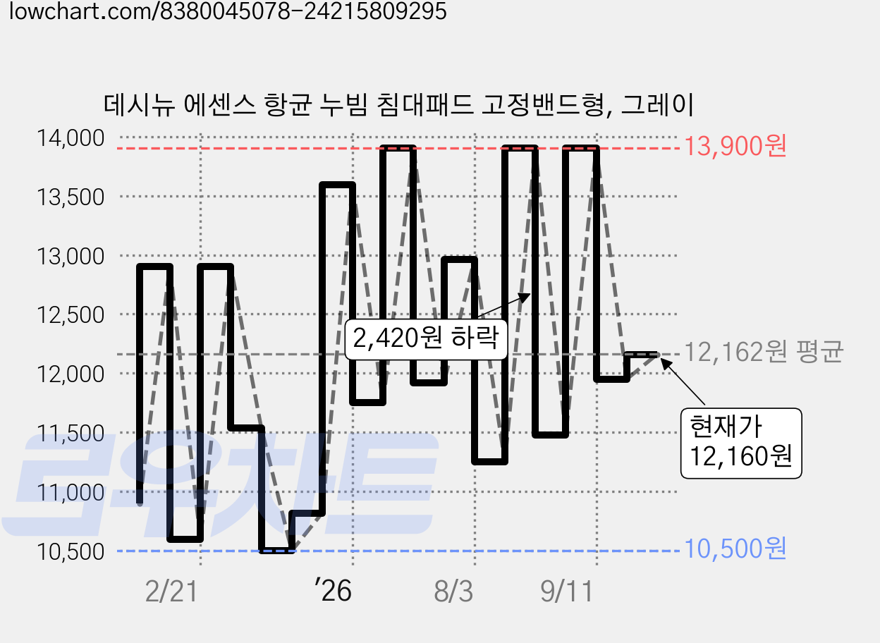 데시뉴 에센스 항균 누빔 침대패드 고정밴드형, 그레이 가격 변동 차트, 현재가 12,160원, 관측 최저가 10,500원