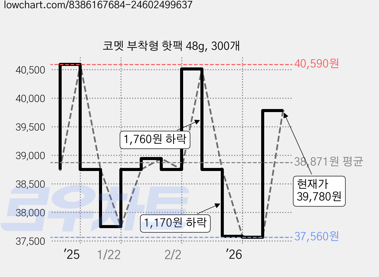 코멧 부착형 핫팩 48g, 300개 가격 변동 차트, 현재가 39,780원, 관측 최저가 37,560원