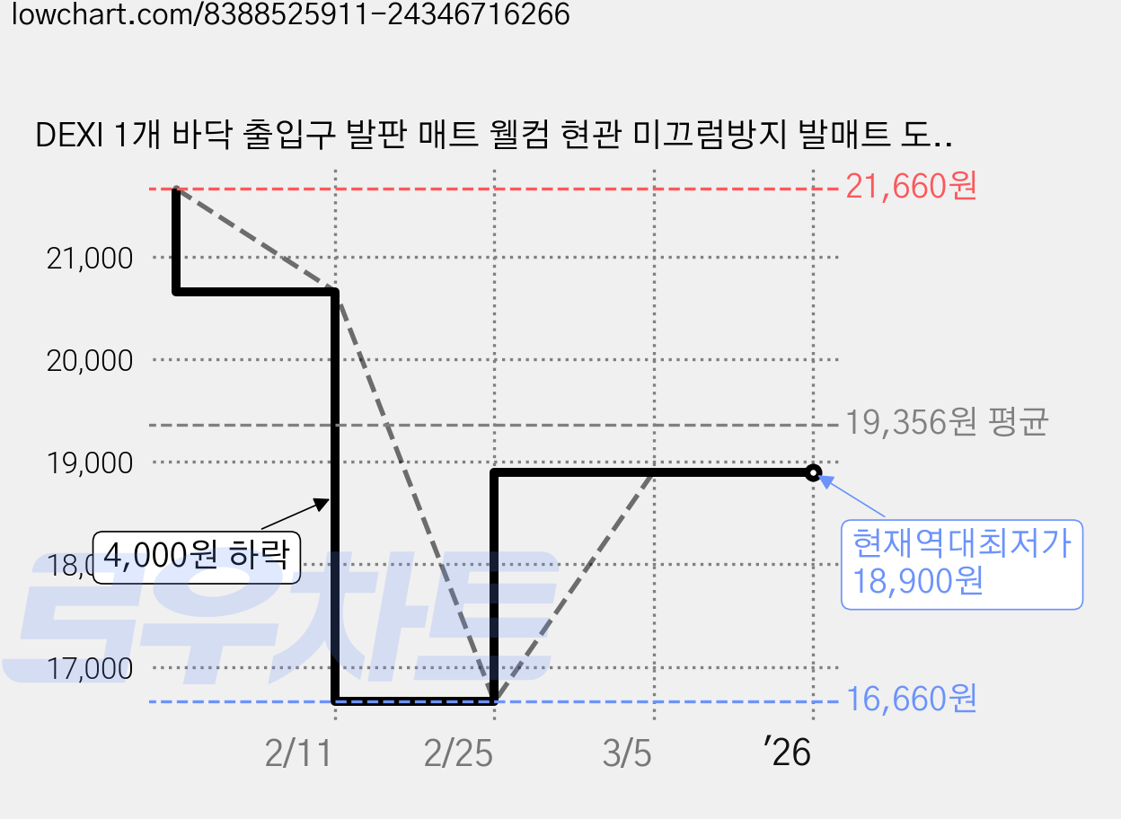 DEXI 1개 바닥 출입구 발판 매트 웰컴 현관 미끄럼방지 발매트 도어매트 44*76cm, 검은색 가격 변동 차트, 현재가 18,900원, 역대최저가