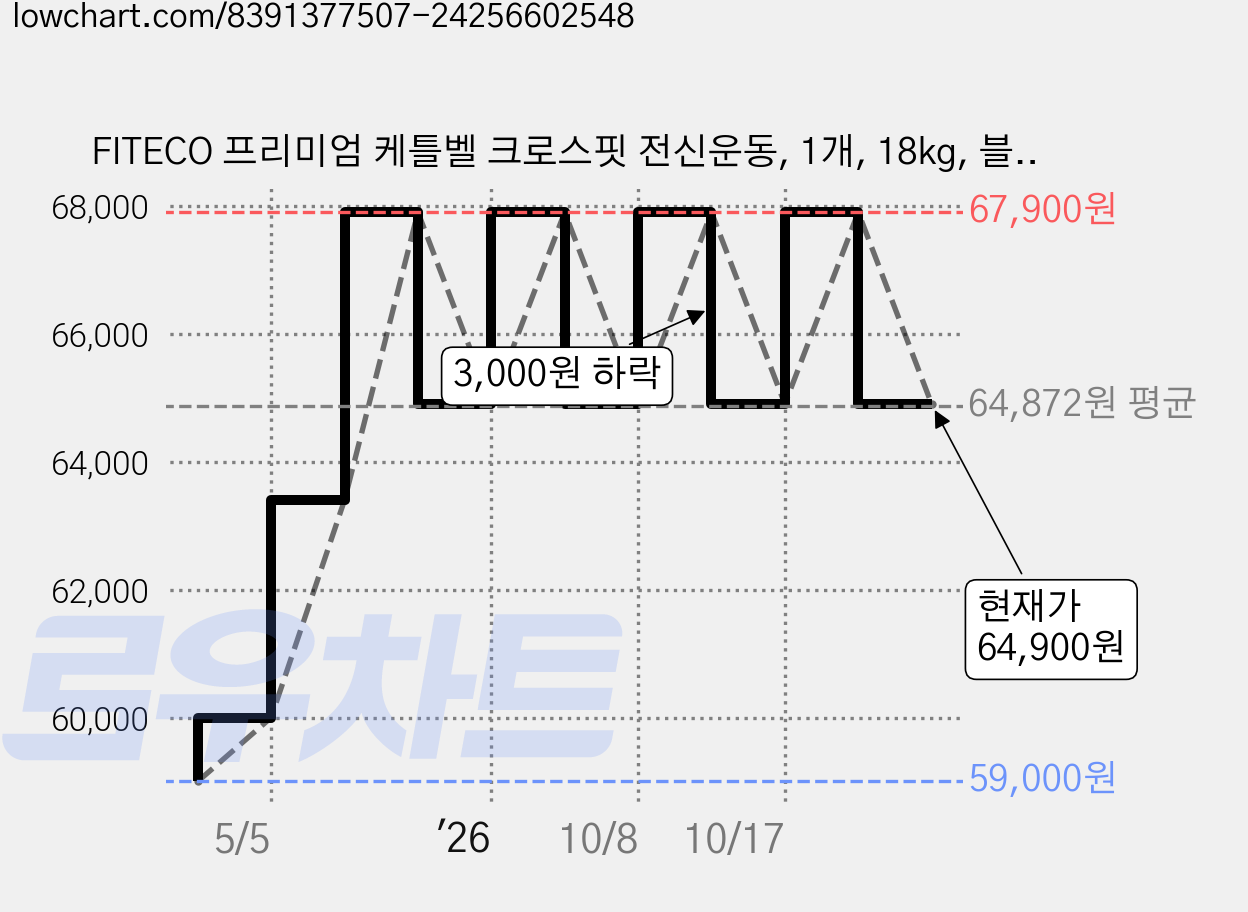 FITECO 프리미엄 케틀벨 크로스핏 전신운동, 1개, 18kg, 블랙 가격 변동 차트, 현재가 64,900원, 관측 최저가 59,000원