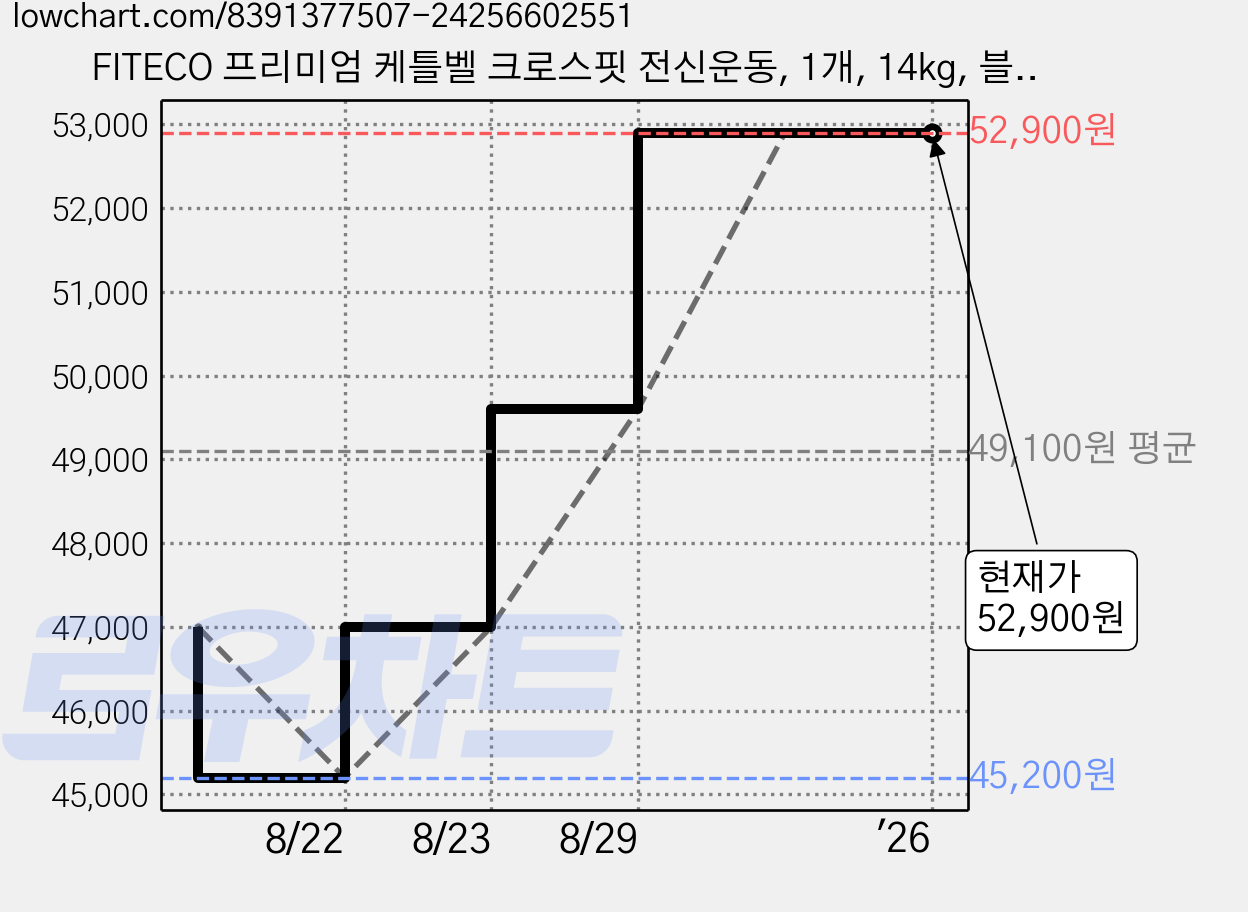 FITECO 프리미엄 케틀벨 크로스핏 전신운동, 1개, 14kg, 블랙 가격 변동 차트, 현재가 52,900원, 관측 최저가 45,200원