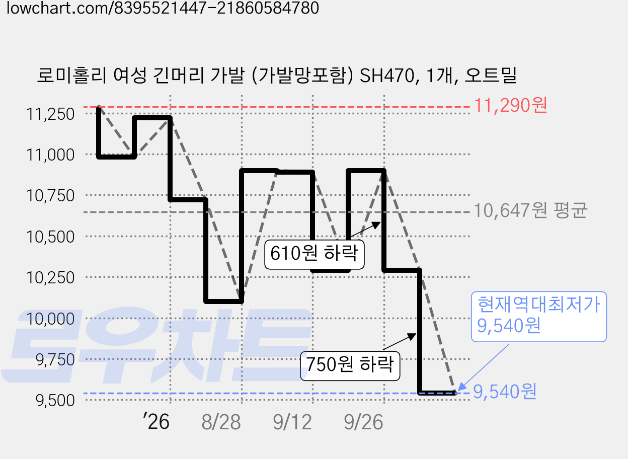 로미홀리 여성 긴머리 가발 (가발망포함) SH470, 1개, 오트밀 가격 변동 차트, 현재가 9,540원, 역대최저가