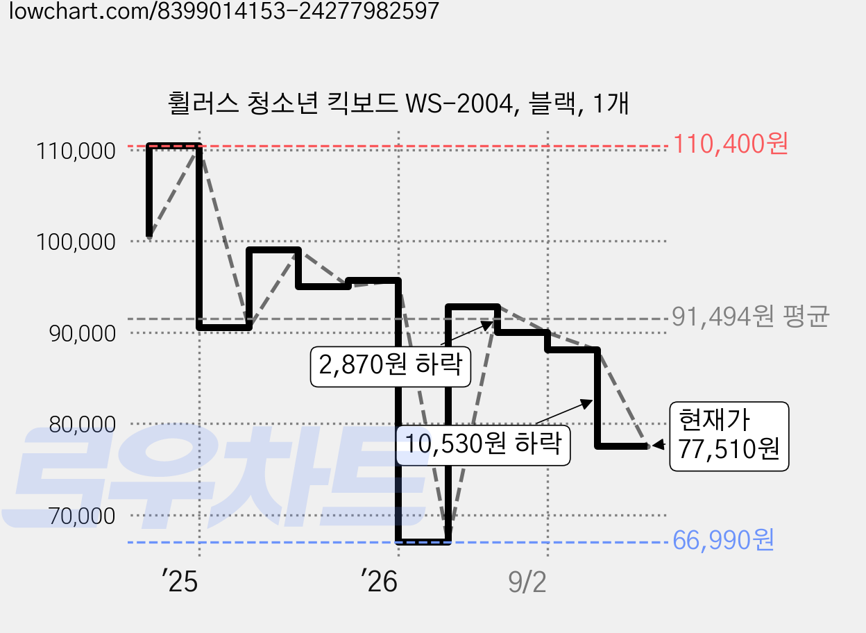 휠러스 청소년 킥보드 WS-2004, 블랙, 1개 가격 변동 차트, 현재가 77,510원, 관측 최저가 66,990원