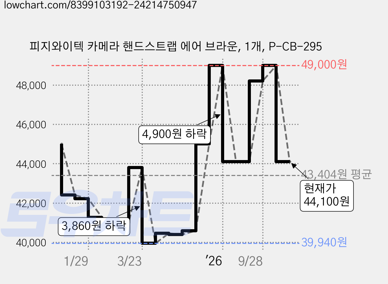 피지와이텍 카메라 핸드스트랩 에어 브라운, 1개, P-CB-295 가격 변동 차트, 현재가 44,100원, 관측 최저가 39,940원