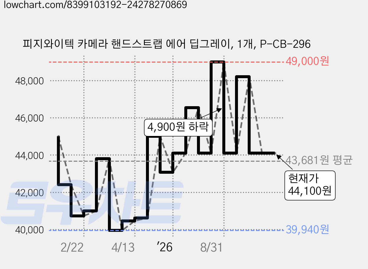 피지와이텍 카메라 핸드스트랩 에어 딥그레이, 1개, P-CB-296 가격 변동 차트, 현재가 44,100원, 관측 최저가 39,940원