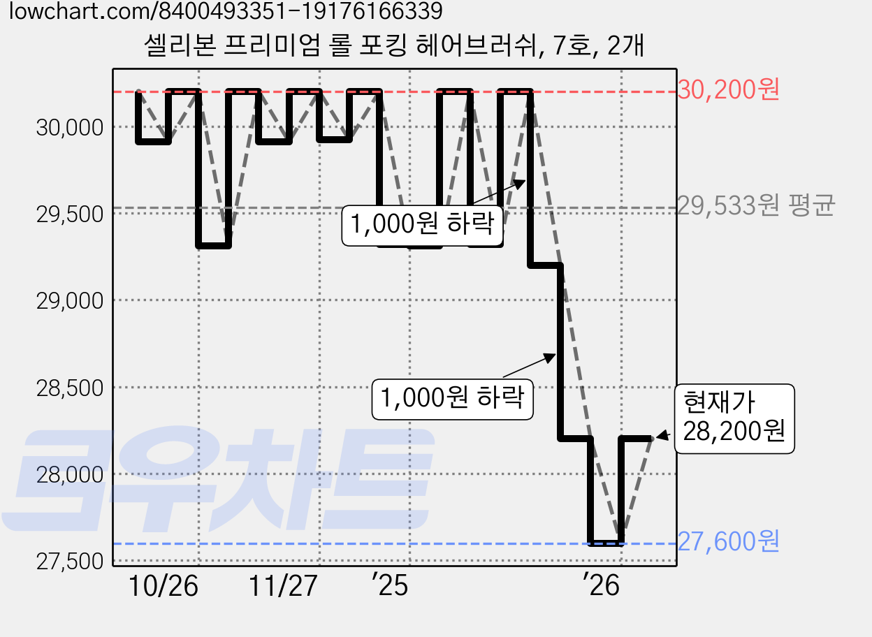 셀리본 프리미엄 롤 포킹 헤어브러쉬, 7호, 2개 가격 변동 차트, 현재가 28,200원, 관측 최저가 27,600원