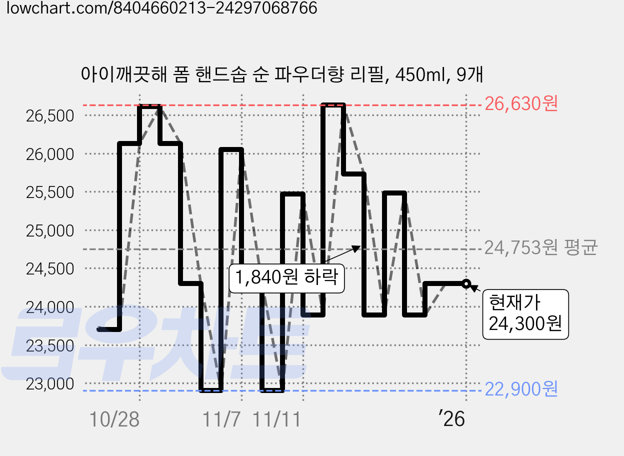 아이깨끗해 폼 핸드솝 순 파우더향 리필, 450ml, 9개 가격 변동 차트, 현재가 24,300원, 관측 최저가 22,900원