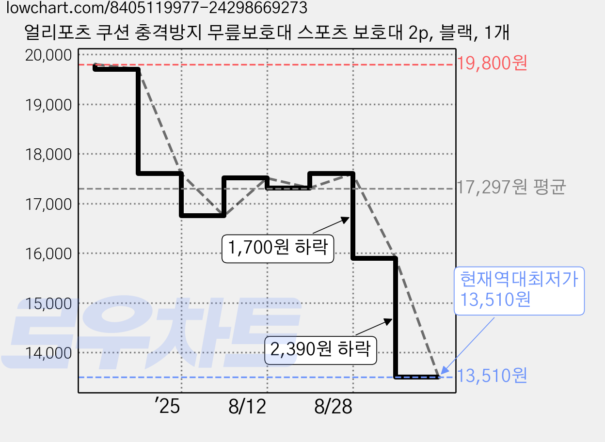 얼리포츠 쿠션 충격방지 무릎보호대 스포츠 보호대 2p, 블랙, 1개 가격 변동 차트, 현재가 13,510원, 역대최저가