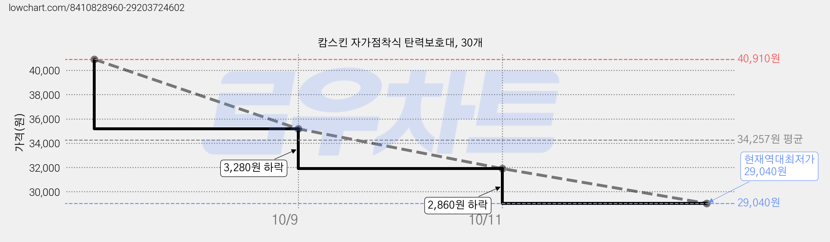 캄스킨 자가점착식 탄력보호대, 30개 가격 변동 차트, 현재가 29,040원, 역대최저가