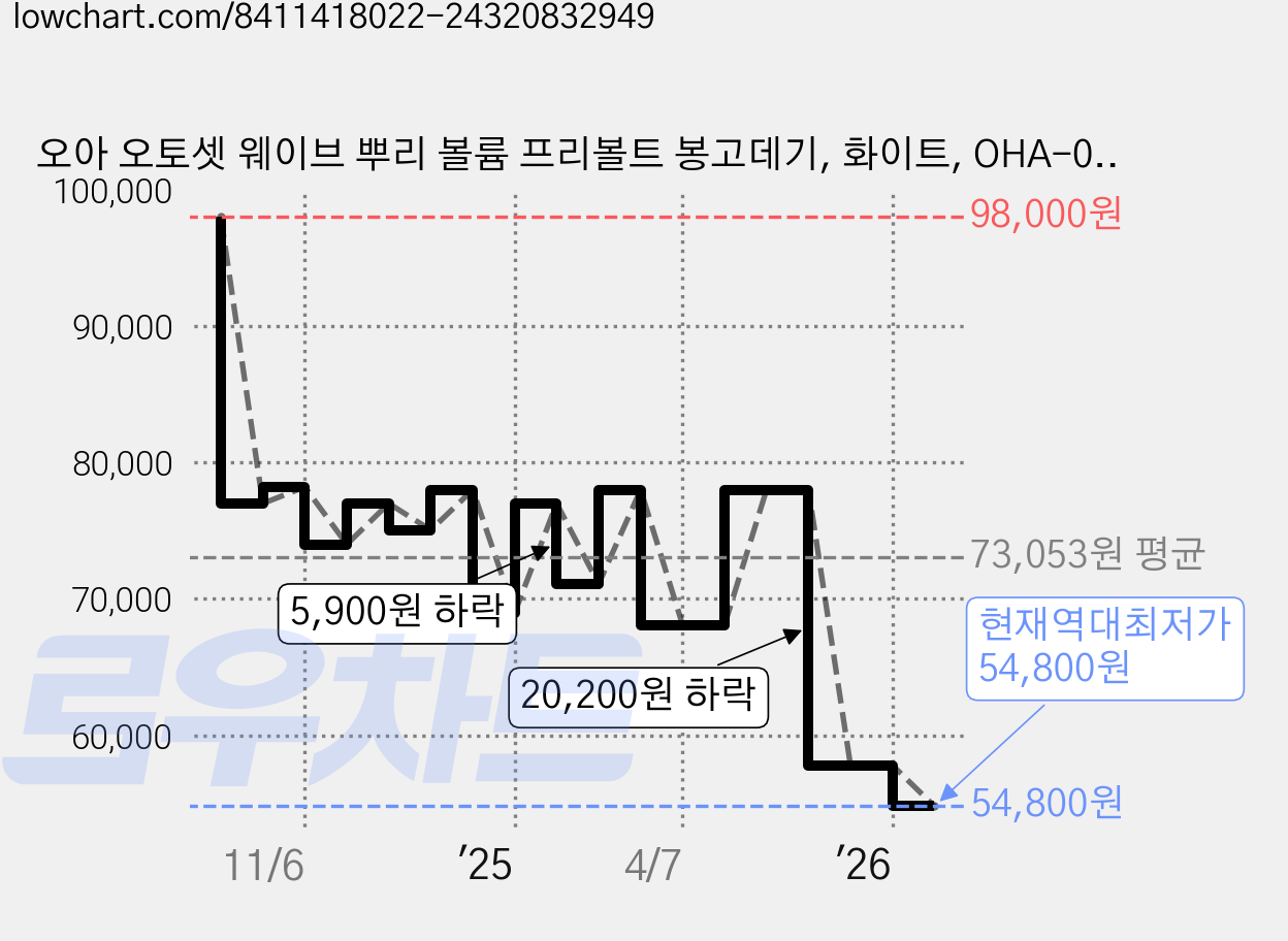 오아 오토셋 웨이브 뿌리 볼륨 프리볼트 봉고데기, 화이트, OHA-029BL 가격 변동 차트, 현재가 54,800원, 역대최저가