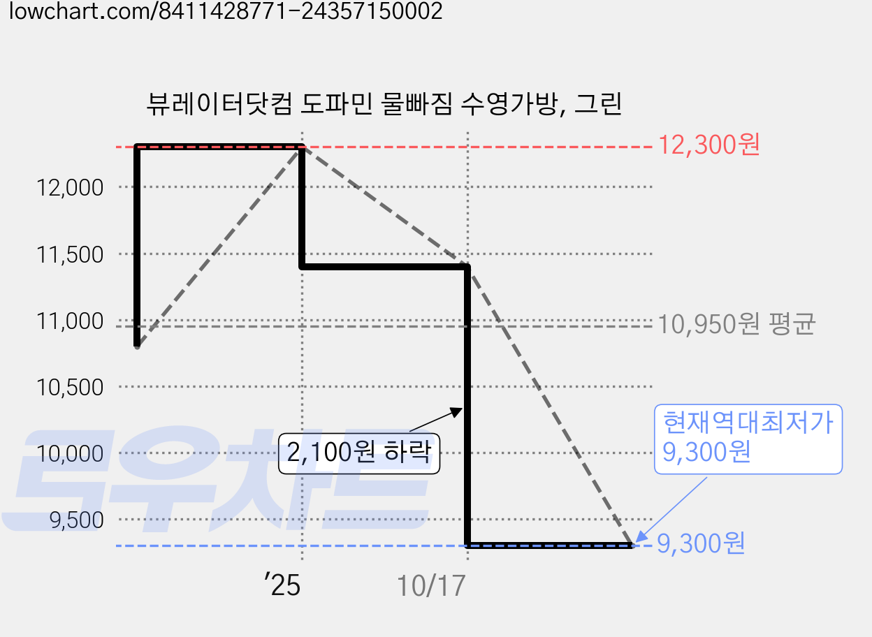 뷰레이터닷컴 도파민 물빠짐 수영가방, 그린 가격 변동 차트, 현재가 9,300원, 역대최저가