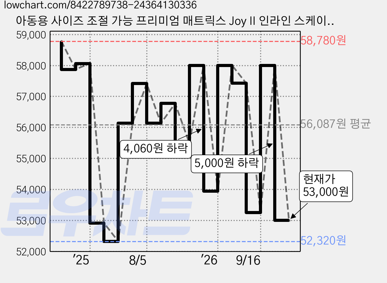 아동용 사이즈 조절 가능 프리미엄 매트릭스 Joy II 인라인 스케이트, 블루, 1개 가격 변동 차트, 현재가 53,000원, 관측 최저가 52,320원