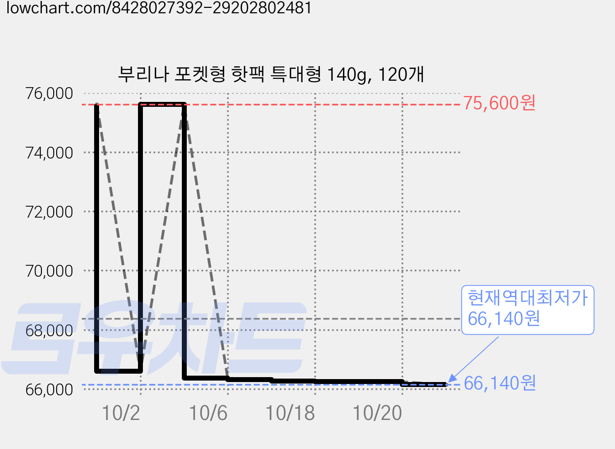 부리나 포켓형 핫팩 특대형 140g, 120개 가격 변동 차트, 현재가 66,140원, 역대최저가