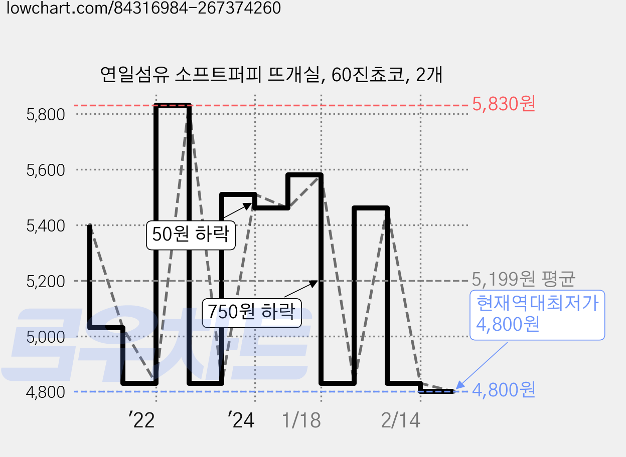 연일섬유 소프트퍼피 뜨개실, 60진쵸코, 2개 가격 변동 차트, 현재가 4,800원, 역대최저가