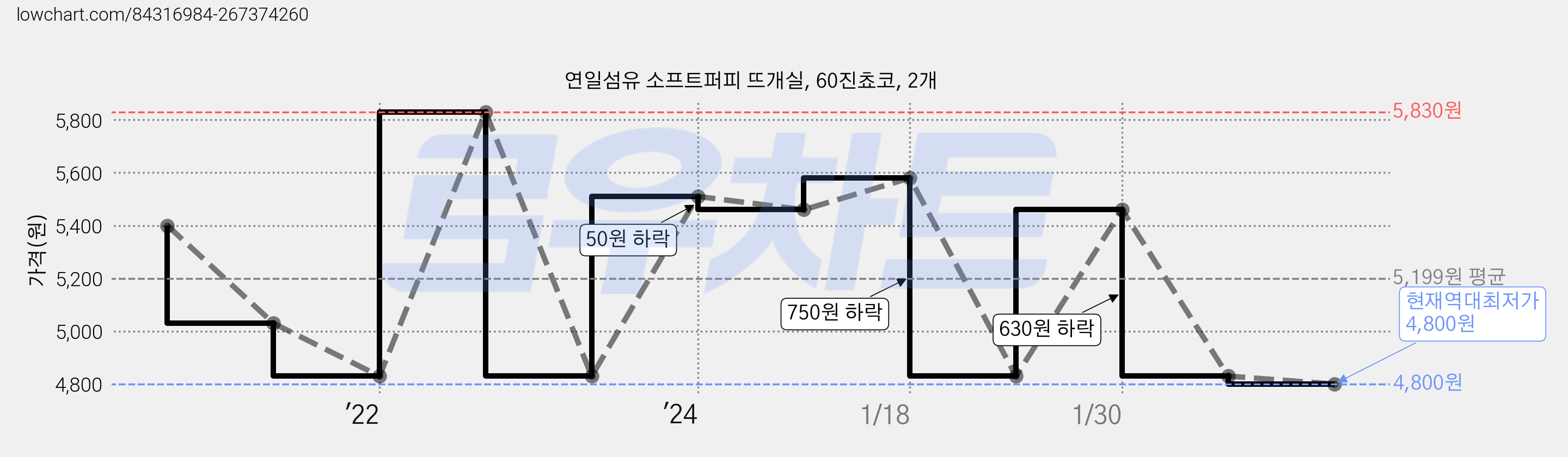 연일섬유 소프트퍼피 뜨개실, 60진쵸코, 2개 가격 변동 차트, 현재가 4,800원, 역대최저가
