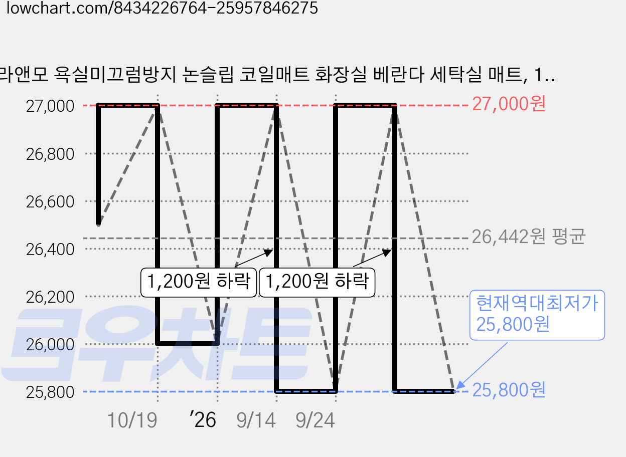 라앤모 욕실미끄럼방지 논슬립 코일매트 화장실 베란다 세탁실 매트, 1개, 아치 가격 변동 차트, 현재가 25,800원, 역대최저가