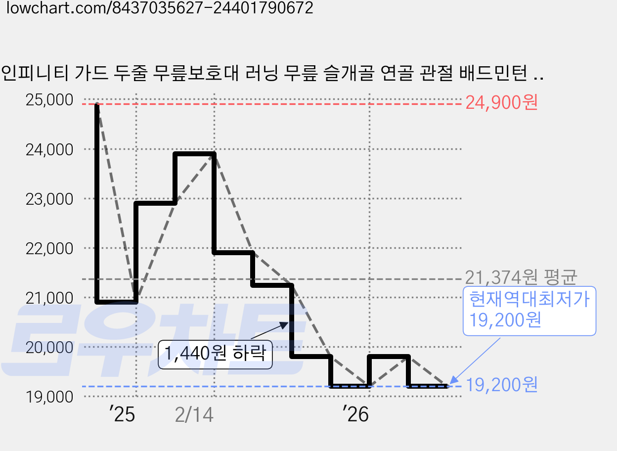 인피니티 가드 두줄 무릎보호대 러닝 무릎 슬개골 연골 관절 배드민턴 마라톤 테니스, 모던그레이, 1개 가격 변동 차트, 현재가 19,200원, 역대최저가