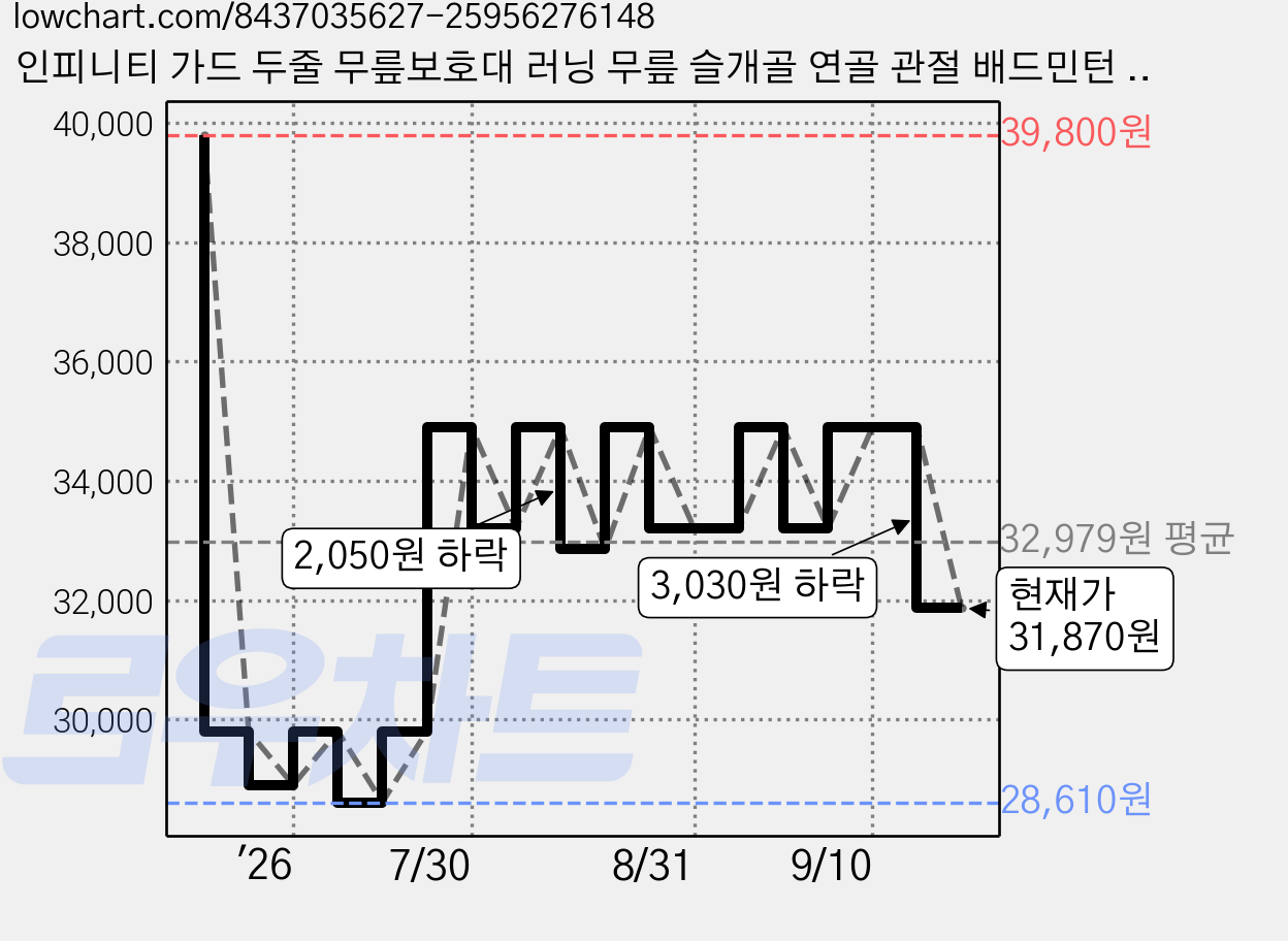 인피니티 가드 두줄 무릎보호대 러닝 무릎 슬개골 연골 관절 배드민턴 마라톤 테니스, 모던그레이, 2개 가격 변동 차트, 현재가 31,870원, 관측 최저가 28,610원