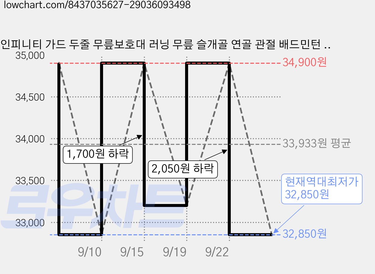 인피니티 가드 두줄 무릎보호대 러닝 무릎 슬개골 연골 관절 배드민턴 마라톤 테니스, 모던그레이여성, 2개 가격 변동 차트, 현재가 32,850원, 역대최저가