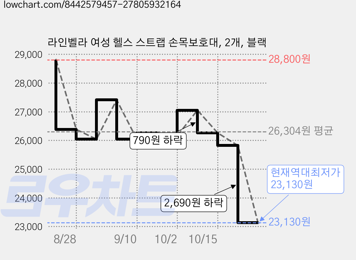 라인벨라 여성 헬스 스트랩 손목보호대, 2개, 블랙 가격 변동 차트, 현재가 23,130원, 역대최저가