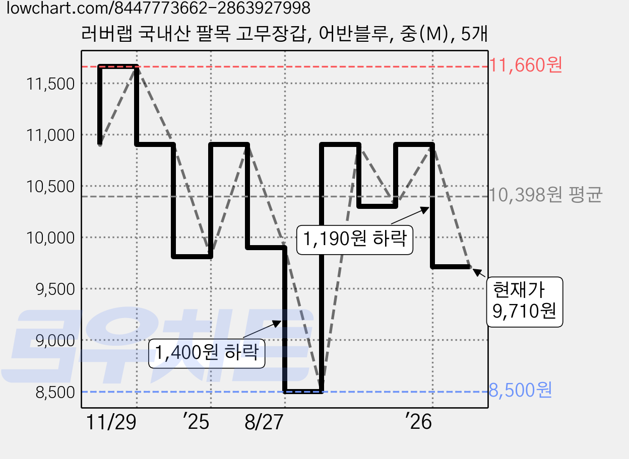 러버랩 국내산 팔목 고무장갑, 어반블루, 중(M), 5개 가격 변동 차트, 현재가 9,710원, 관측 최저가 8,500원