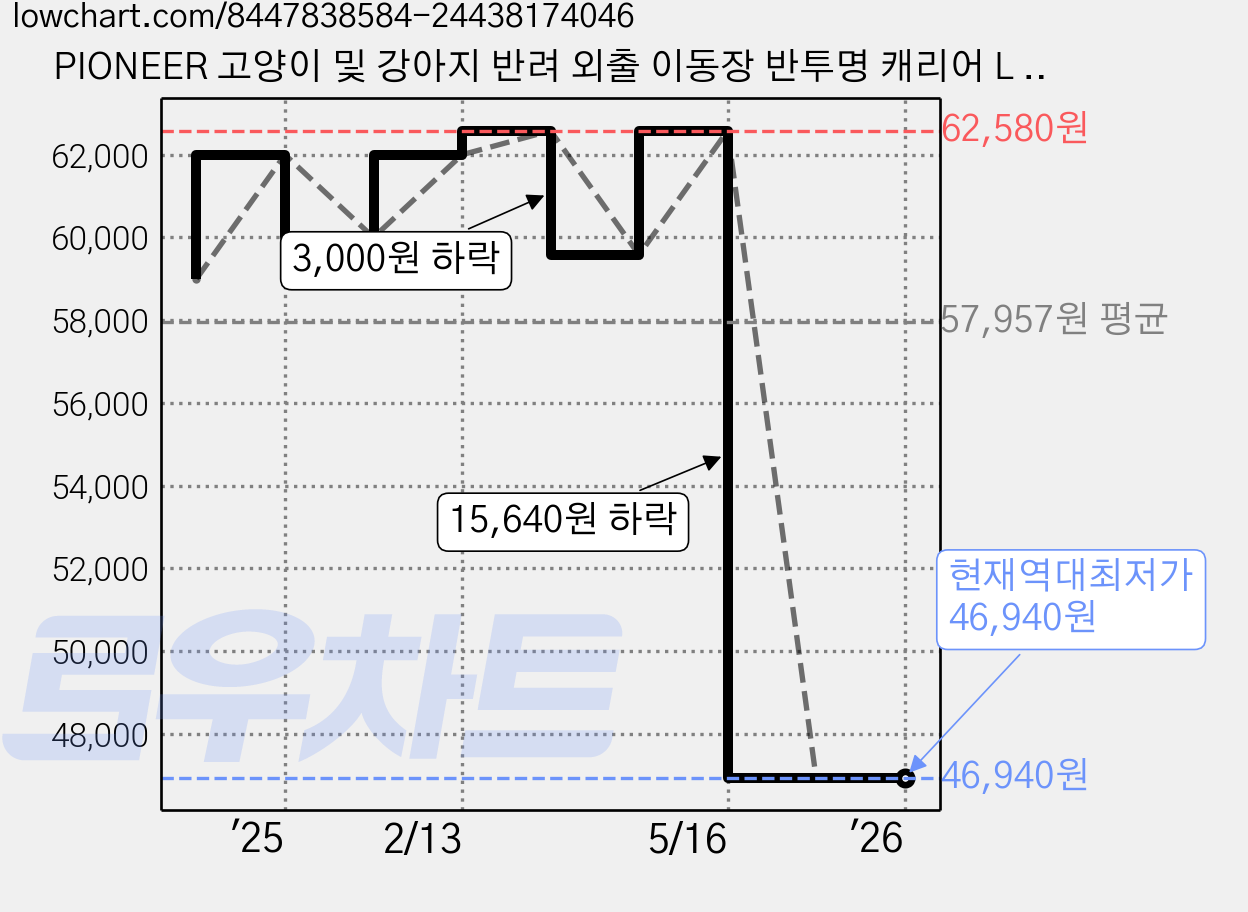 PIONEER 고양이 및 강아지 반려 외출 이동장 반투명 캐리어 L 사이즈, 1개, 초록색 가격 변동 차트, 현재가 46,940원, 역대최저가
