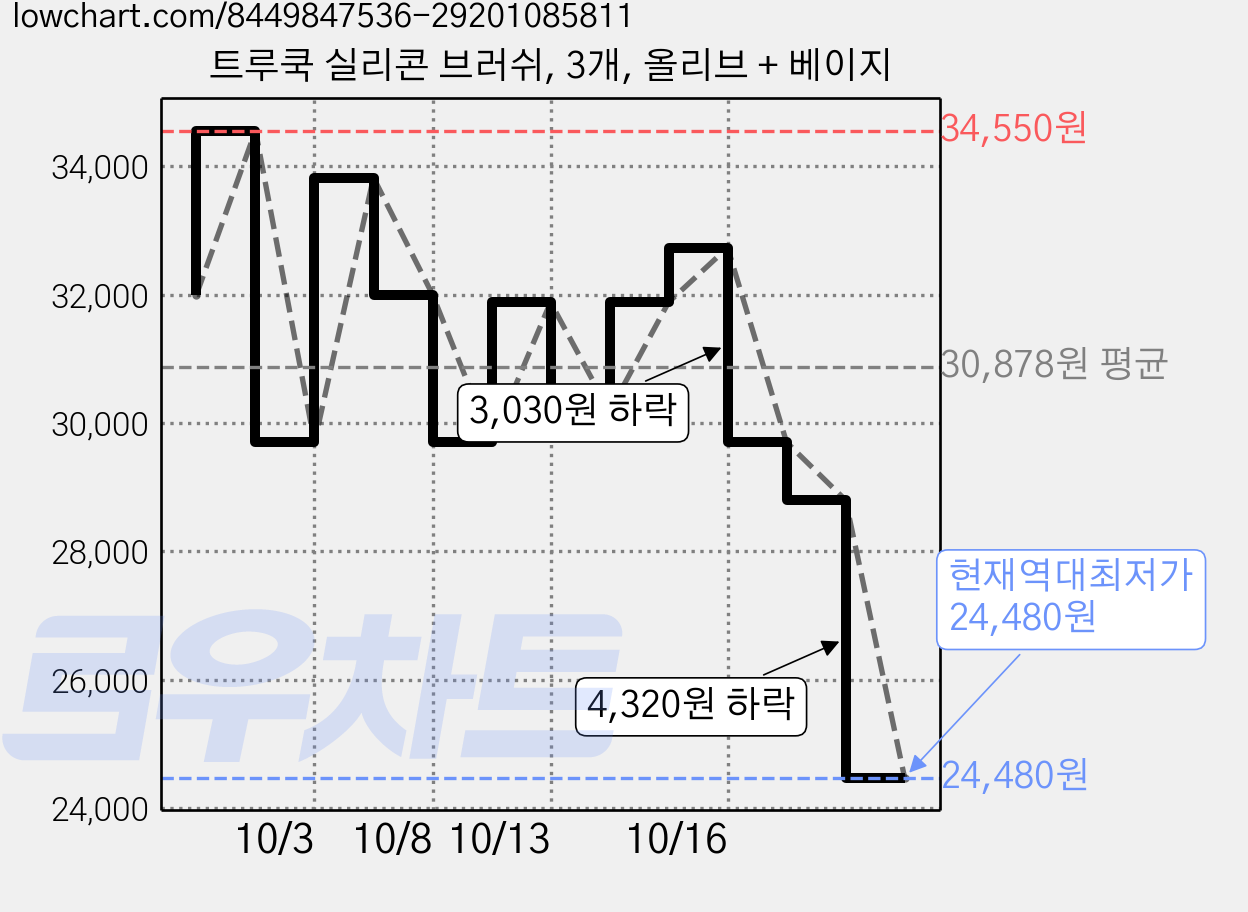 트루쿡 실리콘 브러쉬, 3개, 올리브 + 베이지 가격 변동 차트, 현재가 24,480원, 역대최저가