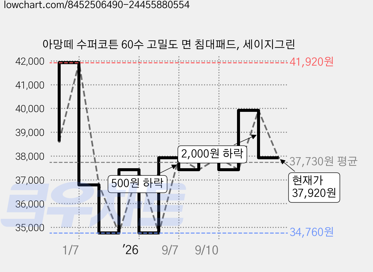 아망떼 수퍼코튼 60수 고밀도 면 침대패드, 세이지그린 가격 변동 차트, 현재가 37,920원, 관측 최저가 34,760원