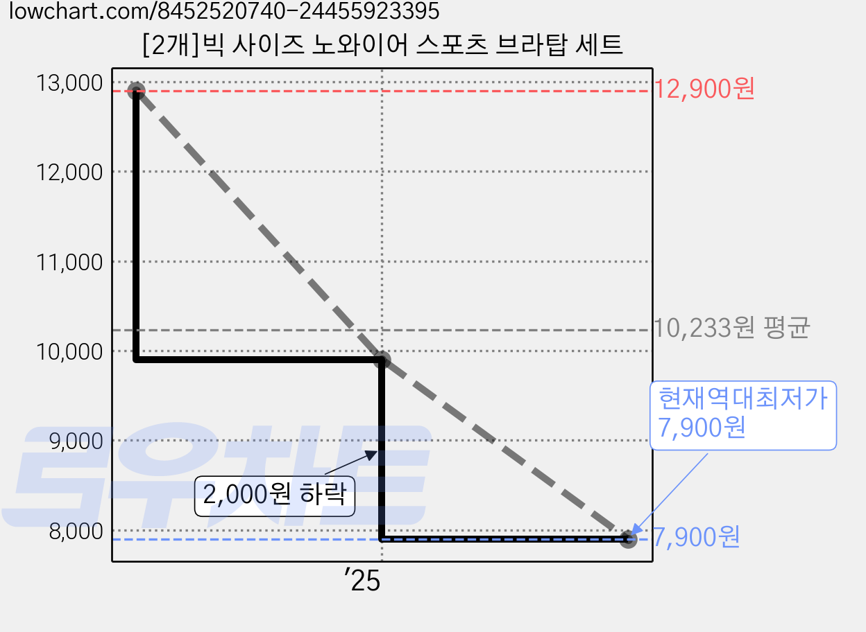 [2개]빅 사이즈 노와이어 스포츠 브라탑 세트 가격 변동 차트, 현재가 7,900원, 역대최저가