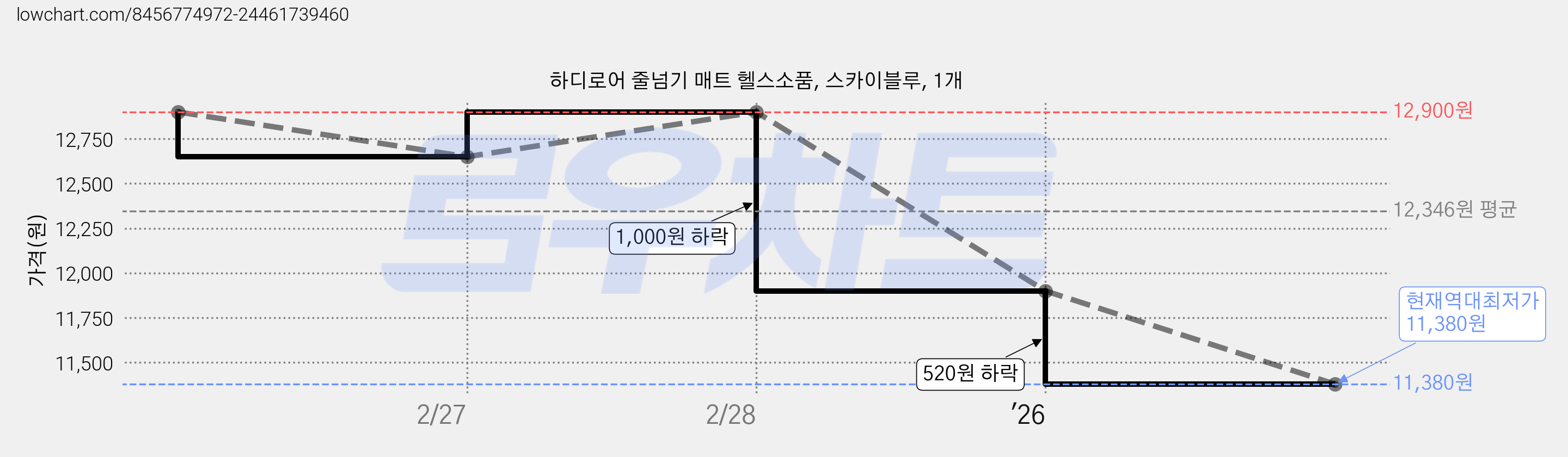 하디로어 줄넘기 매트 헬스소품, 스카이블루, 1개 가격 변동 차트, 현재가 11,380원, 역대최저가