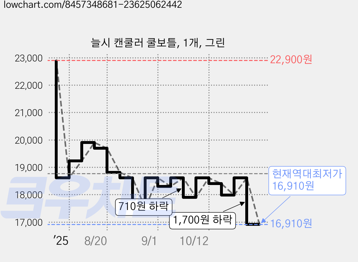 늘시 캔쿨러 쿨보틀, 1개, 그린 가격 변동 차트, 현재가 16,910원, 역대최저가